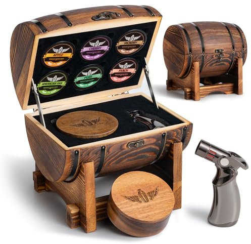 Kit de ahumador de whisky con barril de madera (pendiente de patente) – Ahumador de cóctel con linterna y 6 chips de madera premium para whisky y antiguo – Regalo perfecto para hombres, papá, marido