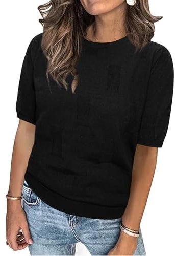 Totatuit Jerséis para Mujer Cuello Redondo Manga Corta Punto Jersey Mujer Sólido Suéter Elegante Blusa Stretchy Casual Camiseta Negro XL