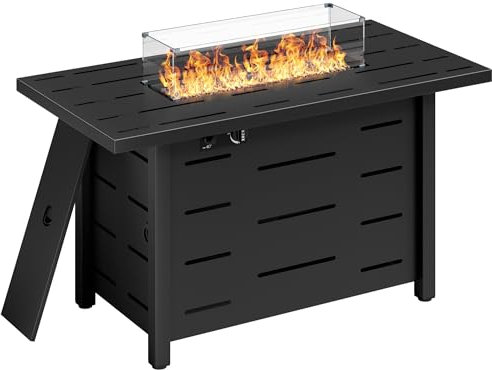 JAMFLY Braciere a propano da 109,2 cm, tavolo da esterno 50000 ma con coperchio, protezione antivento in vetro, pietra lavica e copertura impermeabile, per esterni, giardino, patio, cortile