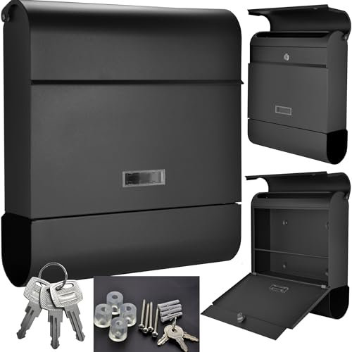 ALSTEN TECH RAL 9017 Modern Design Letter Box Matt Black with Newspaper Compartment C4 Format Lockable 3 Keys Name Plate
