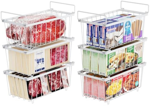 iSPECLE Gefrierschrank Organizer Behälter – 6er Gefriertruhe Körbe für 198L Tiefkühltruhen Sortieren Gefrorenes Fleisch, Sparen Platz, Stapelbare Gefrierkörbe Mit Griffen Leicht zu Erreichen, Weiß