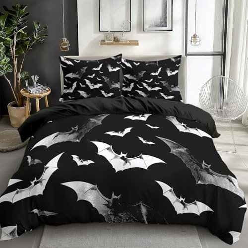 Quixora Bettwäsche 155 x 220 cm Wende Bettbezug Set 3 Teilig, Schwarz, Muster Gotisches Fliegen Fledermäuse, Weiche Microfaser Bettbezug mit Reißverschluss und 80x80cm Kissenbezug