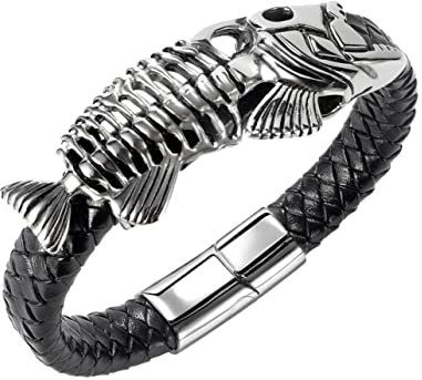GAROZATION Hip Hop Fish Leather Bangles Stainless Steel Wrist Chain Men's Retro Fish Bone Bracelet Chic Hand Chain Fashion Accessory for Daily Wear