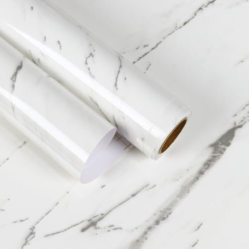 EaseStick Glossy Silver Grey White Marble Contact Paper Peel and Stick Countertops Waterproof Self Adhesive Marble Wallpaper 15.7x160 Thick Removable White Kitchen Vinyl Wrap for Cabinets Bathroom
