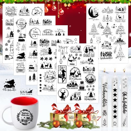 HWJPDMBD Rub On Sticker, 6 Blatt Rub On Aufkleber Weihnachten, Rub On Folie Transferaufkleber, DIY Deko Rub On Folie Aufkleber, für Möbel, Glas, Kerze, Scrapbooking, DIY Basteln Deko(B)