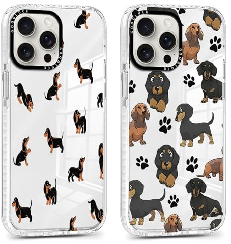 Phoona 2 Piezas Funda para iPhone 16 Pro MAX 6.9,Aesthetic Perro Salchicha Dibujos Diseño TPU Transparente Silicone Cover Antigolpes Anti-Arañazos Bumper Protección de Cámara Case para Mujer