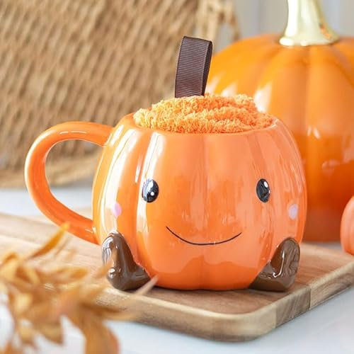 Something Different Wholesale Ensemble tasse et chaussettes en forme de citrouille souriante – Cadeau d'Halloween confortable avec tasse d'automne de 500 ml et chaussettes orange moelleuses, adorables
