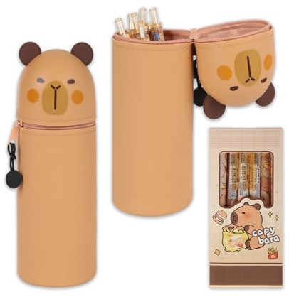 MEIJINMEIYU Capybara Sachen Set mit 6 Capybara Stiften & dehnbarem Capybara Federmäppchen – Kawaii Schulbedarf für Kinder, Einschulung Geschenk, perfekt für Schultüte (Capybara)
