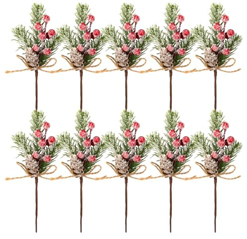Sxutop 10 Pièces Branches Houx Artificielles Pins Pics de Pin Artificiels de 20 cm Tiges de Houx de Noël Floquées Branches de Pins avec Pommes de Pin Baies Rouges pour décoration de Noël, Ambiance