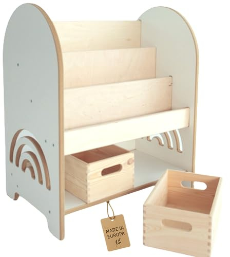 Unique Nature Montessori Bücherregal Kinder 90x30x51 cm – Holzregal mit Holzboxen, abgerundete Kanten, laminiert & pflegeleicht, natürliches Sperrholz-Design für Kinderzimmer