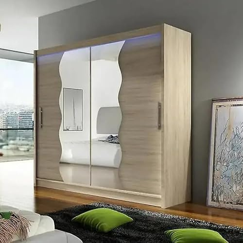Agritrade AK BEGA X180 Wardrobe 180cm with Sliding Doors Mirro Hanging Rail Shelves Modern Bedroom Storage Sonoma Led