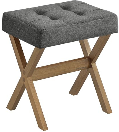 SONGMICS Makeup Stool, Padded Vanity Stool, Foot Rest, Solid Wood X Legs, for Bedroom, Closet, Entryway, 12.6 x 16.5 x 18.1 Inches, Slate Gray and Brown ULSF006GN01