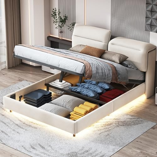 BestAlice Bett 140x200cm mit stauraum,Polsterbett Doppelbett mit Klappbares Kopfteil,stauraumbett mit LED,Jugendbett Bettgestell, hydraulisches Erwachsenenbett mit Lattenrost,Samt,Cremeweiß