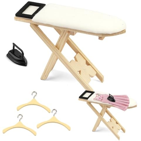 Wichtel Zubehör aus Holz, Miniatur Bügeleisen Set mit Mini Bügeleisen, Bügelbrett und 3 Holzaufhängern, 1:12 Puppenhaus Zubehör für Deko Rollenspiel Bastelprojekte