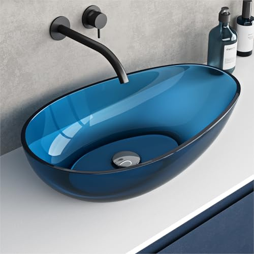 doporro Lavabo da Appoggio Ovale Asimmetrico 60x36x14 cm per Bagno | Lavandino per Bagno in Resina Trasparente, Colore Blu, Uso in Bagno e WC Ospiti, Installazione da Tavolo, Montaggio su Piano