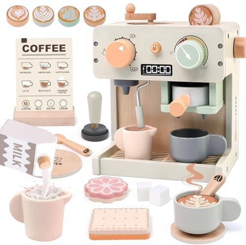 Masonbaby kaffeemaschine Kinder Holz, Kinderküche Spielküche Zubehör aus Holz, Kaffeeservice Spielset Kaffeeset, Küchenspielzeug Rollenspiel Holzspielzeug, Festliche Geschenke für 3, 4, 5 Jahre alt
