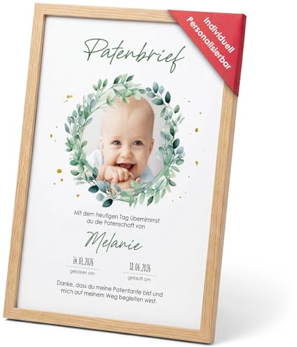 GRAVURZEILE Personalisiertes Poster - Patenbrief Eukalyptuskranz A4 - Personalisiert mit Name, Datum, Foto & Wunschtext - Patengeschenk Urkunde zur Taufe - Taufgeschenk für Patenonkel & Patentante