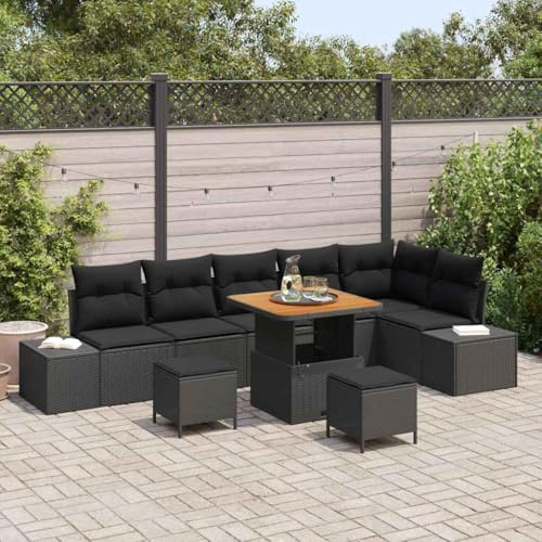 XinZaphrisal Gartensofa-Set 9 pcs Schwarz Poly Rattan mit Kissen und Sitzgruppe für Möbel Wohnzimmer Outdoor Lounge