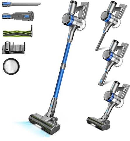 Aspirateur Balai sans Fil, 400W 45KPa Aspirateur sans Fil Puissant, 55Min Autonomie, Brosse Anti-emmêlement, Batterie Amovible, Aspirateur sans Sac avec LED Écran pour Tapis Poils d'animaux Sol Dur