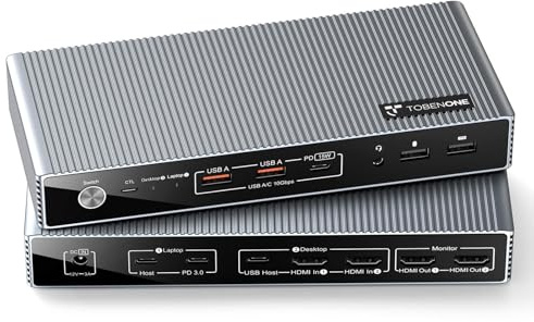TobenONE Switch KVM 2 Monitor 2 Computer per Laptop & Desktop, Dual HDMI 4K @60Hz KVM Docking Station, EDID, 5 USB (Max 10Gbps), 100W PD, Wired Remote, per Home Office & Gaming