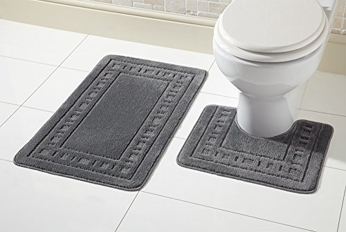 De Lavish Bath Mat Set 2 Piece Non Slip Rubber Pedestal and Bath Mat Set Toilet Miami Bathroom Rug New, Grey