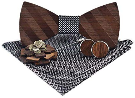Amzchoice Classic Handmade Mens Wood Bow Tie with Matching Pocket Square and Men's Cufflinks Set