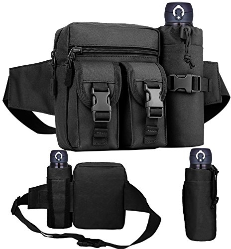 Tactical Waist Bag with Water Bottle Pouch, Waterproof Bum Bag Military Utility Belt Canvas Fanny Pack Bumbag for Trekking Hiking Walking Bike Cycling Climbing Outdoor Traveling Jogging Running, Black