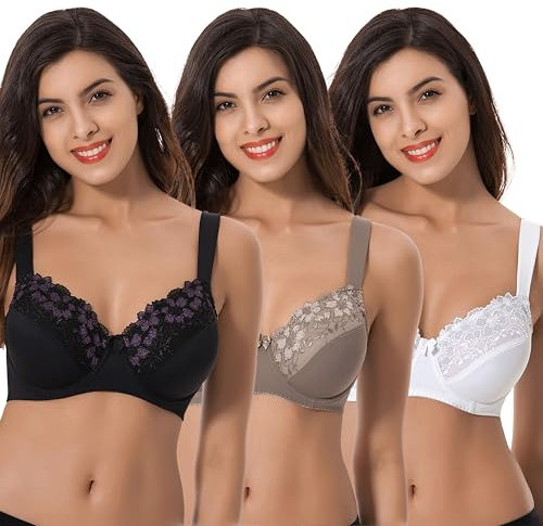 Curve Muse Reggiseni sfoderati con Ferretto Minimizer Taglie Forti con Pizzo Ricamato-Confezione da 3-Bianco, Nero, Burro di Latte-3E