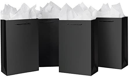 SHIPKEY 10 Stück Luxus schwarze Taschen mit Tissue-Papier, Geschenk-Taschen für Männer, Groomsmen Vorschlag Taschen 20x10x28cm Papier-Taschen mit Griffen Bulk | Schwarz Papier-Taschen