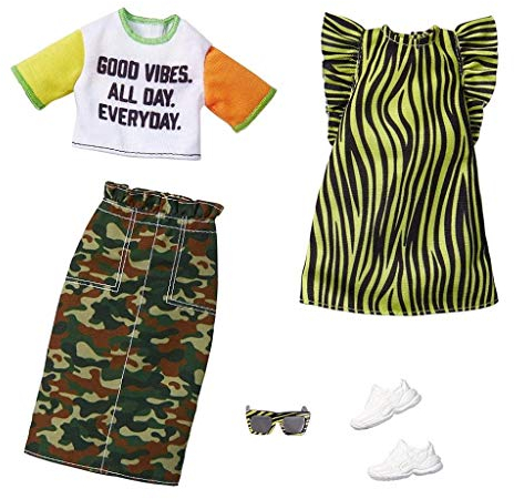 Barbie Fashionistas Kleidungsset, 2 Puppen-Outfits, inkl. Camouflage-Rock, T-Shirt, gestreiftes Kleid und Zubehör, Spielzeug für Kinder, GHX67