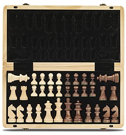 A&A 15 Wooden Chess Set/Folding Board / 3 King Height German Knight Staunton Chess Pieces w/Maple & Walnut Inlay Age 6+ / 2 Extra Queens