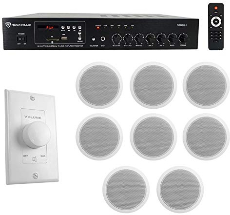 Rockville RCS80-1 70V Amplifier with 8 CCL6T White Ceiling Speakers