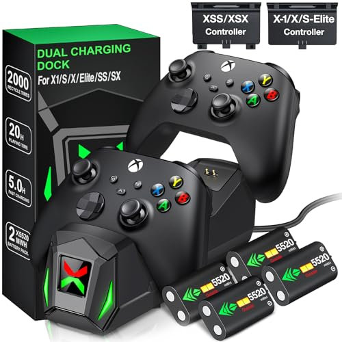 Stazione di caricabatterie driver con batteria ricaricabile da 4 x 5520 mWh compatibile con driver Xbox One/Series X|S, base di ricarica per driver Xbox One, pacco batteria con 4 coperture batteria