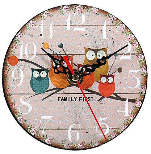 AUNMAS Hölzerne Runde Uhr, 11.5cm/4.5inch Durchmesser Runde Form Vintage Holz Wanduhr Antike kreative Vintage Eule Muster Wanduhr für Home-Office-Dekoration
