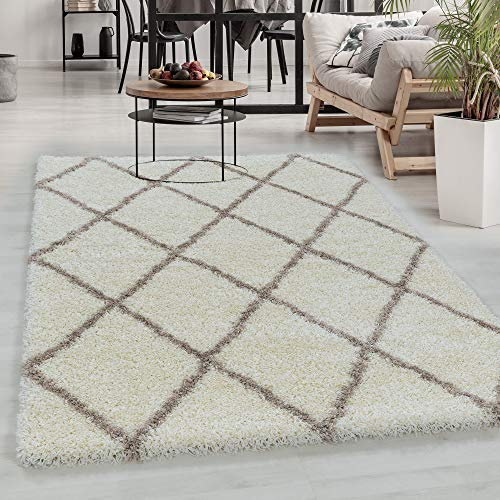 Carpetsale24 Hochflor Teppich Creme 200x290 cm Rauten Design Flauschig-Weich Langflor Wohnzimmerteppich Skandinavischer Stil Shaggy Teppich