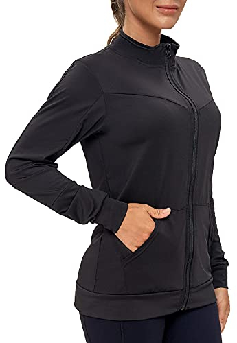 AMZSPORT Damen Laufjacke Sportjacke Langarm Trainingsjacke Sweatjacke mit Tasche Für Fitness Yoga, Schwarz L