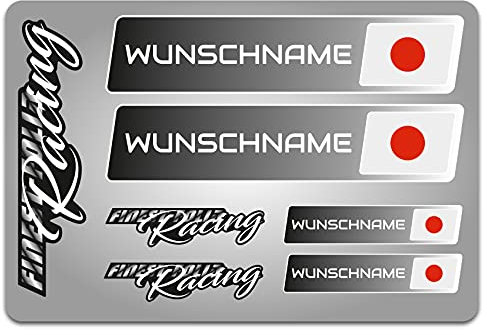 4er Set Aufkleber mit Fahne Flagge und wahlweise Name Sticker für Auto Fahrrad Motorrad Roller Helm im Rallye Racing Design R156 (16 Japan, Mit Wunschname)