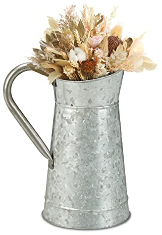 Relaxdays Vintage Krug, verzinktes Metall, Blumenvase Trockenblumen, Landhaus Deko Garten, Balkon, Wohnzimmer, silber, 1 Stück