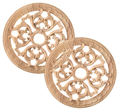 Dtoterul Holzornamente für Möbel 2 Stück Holzschnitzerei Onlay Applikation Runden Chnitzerei Ornament Schrank Möbel Holz Ornamente Wand Ecke Deko Verzierung Geschnitzt Aufkleber für Wohnmöbel, 14 cm