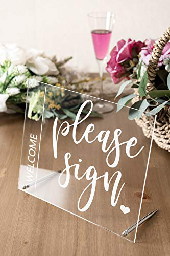 DerYi Wedding Sign Guest Book Table Sign 10”x8” Party & Event Supply - ‘Please Sign’ Acrylic Rustic Wedding Display Table Decoration for Reception, Centerpiece