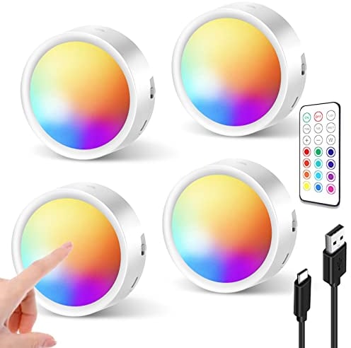 RGB LED Spot Akku mit Fernbedienung, 2400mAh USB Aufladbar Vitrinenbeleuchtung Kabellos Dimmbar Unterbauleuchte Küche LED Rund Magnet Schranklicht zum Kleben Spot Batterie mit Farbwechsel Timer