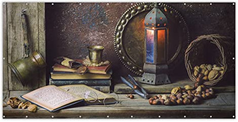 MuchoWow® Balkon Sichtschutz Sichtschutzmatte Balkonbanner Abdeckung für Terrasse Balkon Windschutz Blickdicht Wetterfest 300x130 cm Buch - Stilleben - Walnuss - Laterne - Vintage