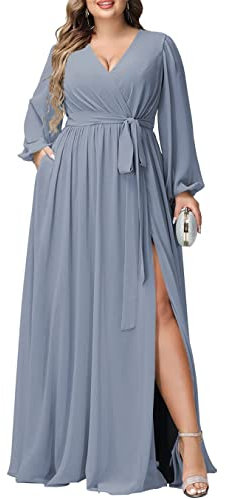 KURFACE Out Door Bridal Gowns Wedding Bridesmaid Dresses Long Sleeve Formal Party Gowns Dusty Blue UK12