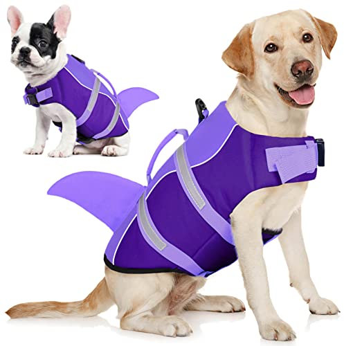 AOFITEE Schwimmweste Hund Große, Hundeschwimmweste Hai für Schwimmen, Hohe Flotation Rettungsweste mit Rettungsgriff und Reflektorstreifen für Kleine, Mittlere, Große Hunde, Lila L