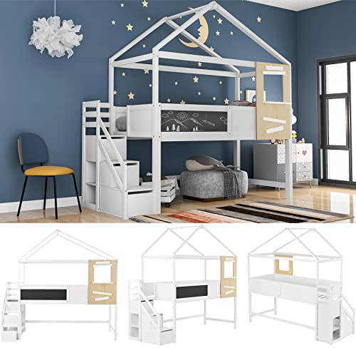 Hausbett,Kinderbett,Mit Treppe Und Fenster,Mit Lattenrost,Treppe Mit 3 Schubladen,Kinderbett Aus Holz Mit Rausfallschutz,Weiß (200X90 Cm)