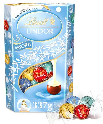 Lindt - Cornet LINDOR Assorti Cœurs Blancs et Lait - Assortiment de Chocolats au Lait, Blancs, Cœur Blanc et Noix de Coco - Cœur Fondant - Idéal pour Noël, 337g