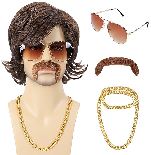 Bettecos 70s 80s Costume Wigs for Men with Mustache Glasses and Chain Short Brown Shaggy Disco Wig for Rocker Singer Hippie Retro Cosplay Halloween Party
