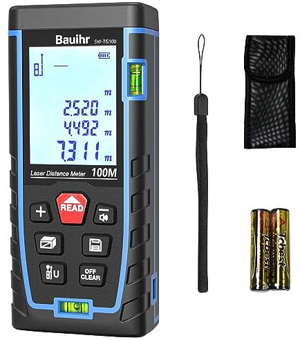 Bauihr Laser Measure Device, 100M/328ft Laser Distance Measure with 2 Bubble Levels, Portable Lazer Measurement Tool with Large Backlit LCD Display, Waterproof IP54, Battery Included