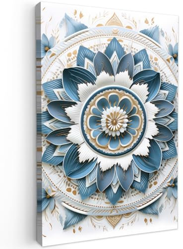 MuchoWow© Leinwände 60x90 cm Wall Decoration Bilder Schlafzimmer Deko Pictures Canvas Painting Wanddekoration Wohnzimmer Mandala - Blau - Weiß - Gold