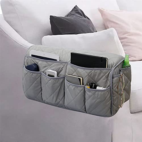 Lyirfan Organizer per bracciolo del divano, antiscivolo, con 14 tasche, per cellulare, TV, telecomando, riviste, occhiali, iPad (Grigio)